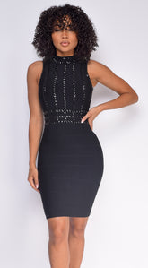 Kalisa Black Mock Neck Studded Bandage Dress
